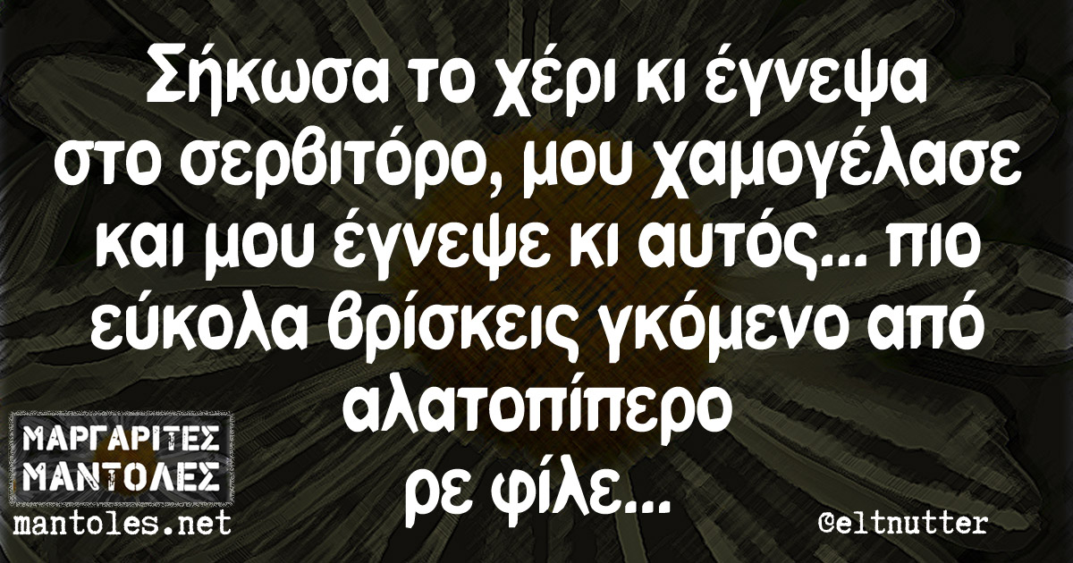 Σήκωσα το χέρι κι έγνεψα στο σερβιτόρο, μου χαμογέλασε και μου έγνεψε κι αυτος... πιο εύκολα βρίσκεις γκόμενο από αλατοπίπερο ρε φίλε...