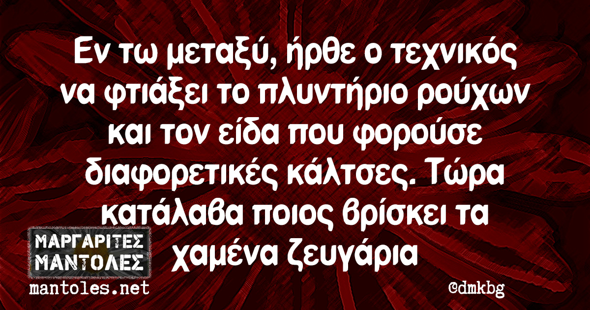 Εν τω μεταξύ, ήρθε ο τεχνικός να φτιάξει το πλυντήριο ρούχων και τον είδα που φορούσε διαφορετικές κάλτσες. Τώρα κατάλαβα ποιος βρίσκει τα χαμένα ζευγάρια