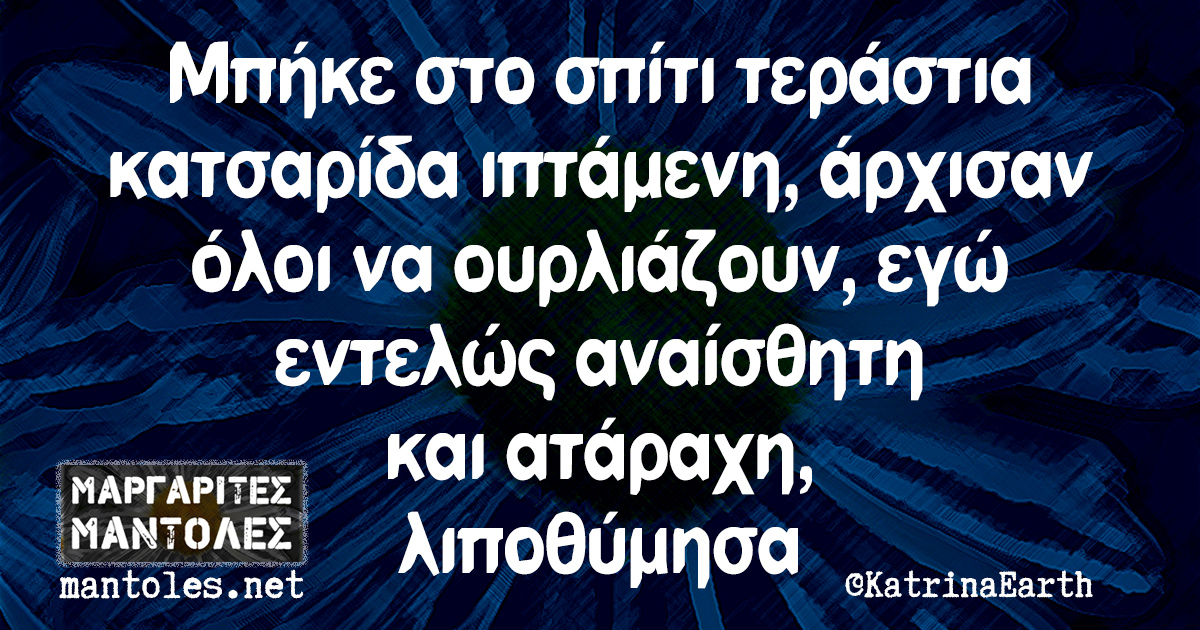 Μπήκε στο σπίτι τεράστια κατσαρίδα ιπτάμενη, άρχισαν όλοι να ουρλιάζουν, εγώ εντελώς αναίσθητη και ατάραχη, λιποθύμησα
