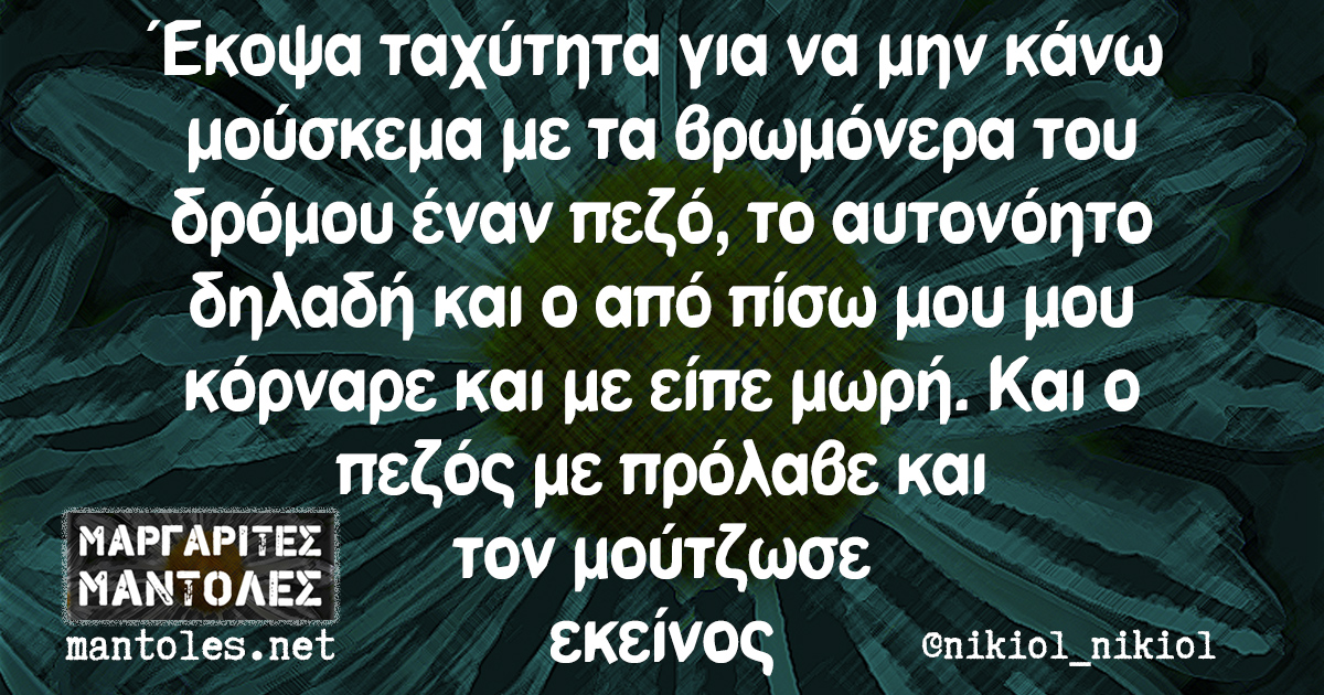 Έκοψα ταχύτητα για να μην κάνω μούσκεμα με τα βρωμόνερα του δρόμου έναν πεζό, το αυτονόητο δηλαδή και ο από πίσω μου μου κόρναρε και με είπε μωρή. Και ο πεζός με πρόλαβε και τον μούτζωσε εκείνος