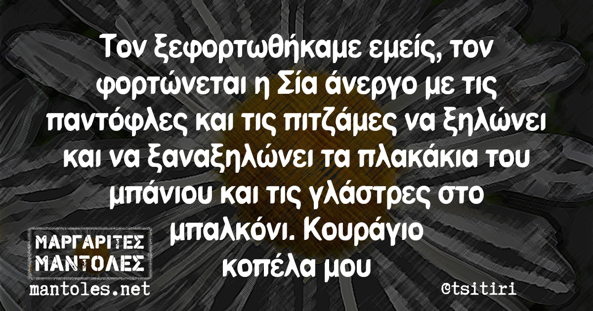 Τον ξεφορτωθήκαμε εμείς, τον φορτώνεται η Σία άνεργο με τις παντόφλες και τις πιτζάμες να ξηλώνει και να ξαναξηλώνει τα πλακάκια του μπάνιου και τις γλάστρες στο μπαλκόνι. Κουράγιο κοπέλα μου