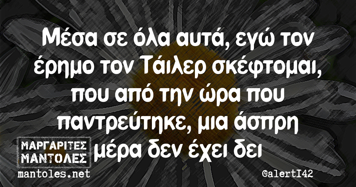 Μέσα σε όλα αυτά, εγώ τον έρημο τον Τάιλερ σκέφτομαι, που από την ώρα που παντρεύτηκε, μια άσπρη μέρα δεν έχει δει